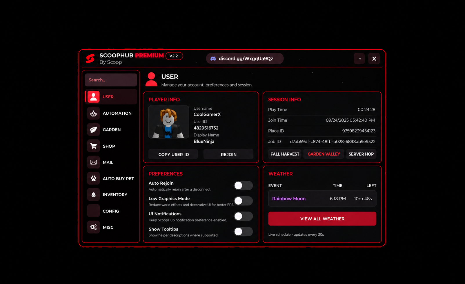 ScoopHub Premium interface showing the CoolGamerX player profile and controls